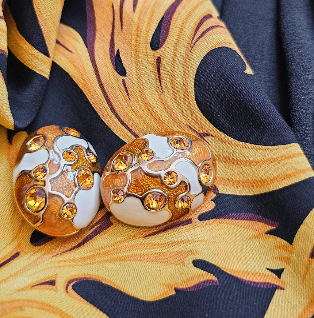 Vintage 1980s Enamel Clip-On Earrings. Easter Egg Earrings. Rhinestones.